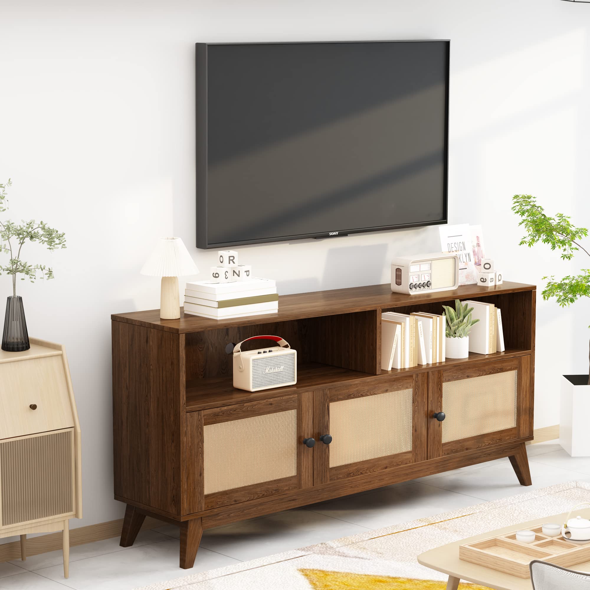 AWQM TV Stand for Living Room, Mid Century Modern TV Console, Rattan Entertainment Center with Storage and Open Shelves, Walnut