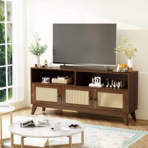 AWQM TV Stand for Living Room, Mid Century Modern TV Console, Rattan Entertainment Center with Storage and Open Shelves, Walnut