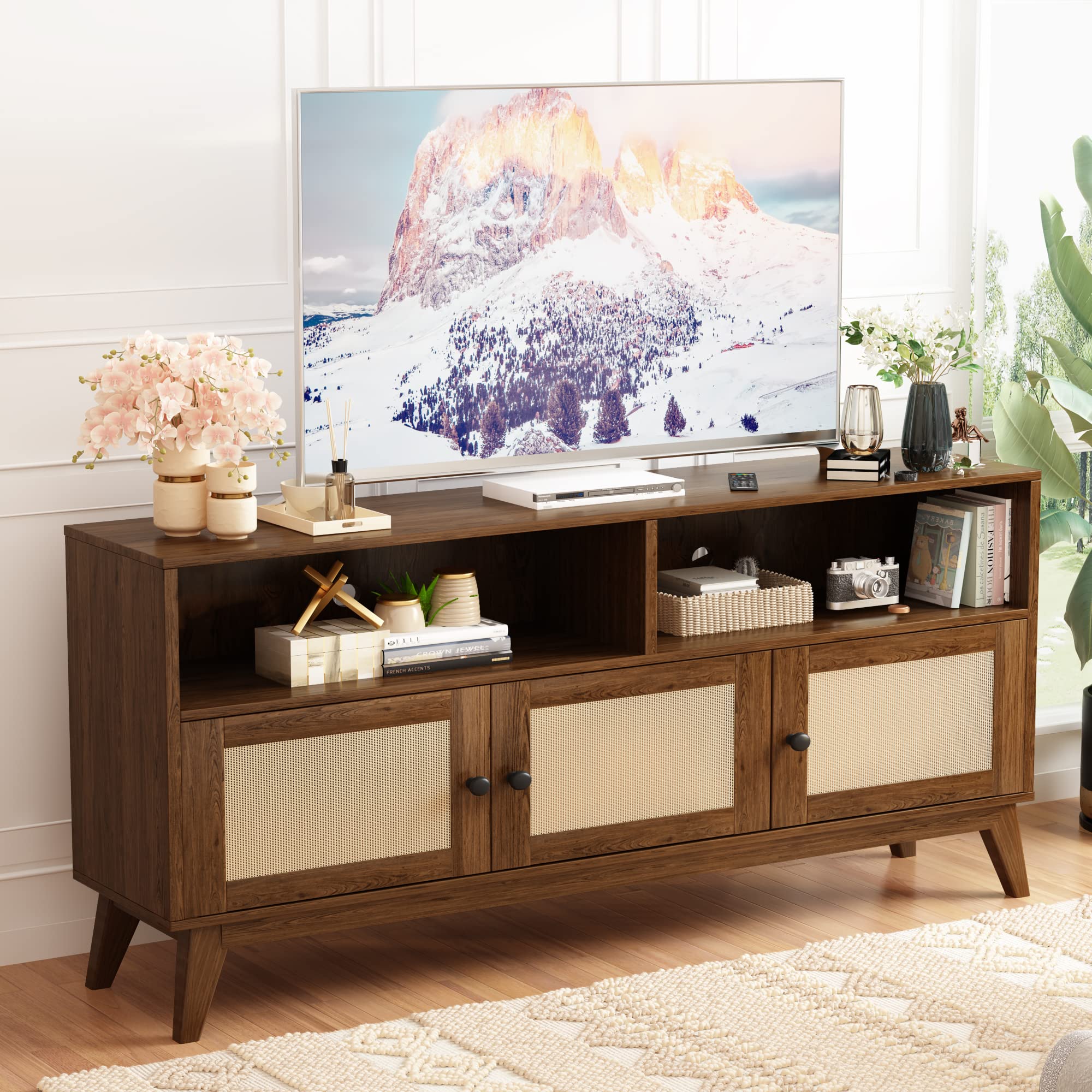 AWQM TV Stand for Living Room, Mid Century Modern TV Console, Rattan Entertainment Center with Storage and Open Shelves, Walnut