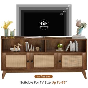 AWQM TV Stand for Living Room, Mid Century Modern TV Console, Rattan Entertainment Center with Storage and Open Shelves, Walnut