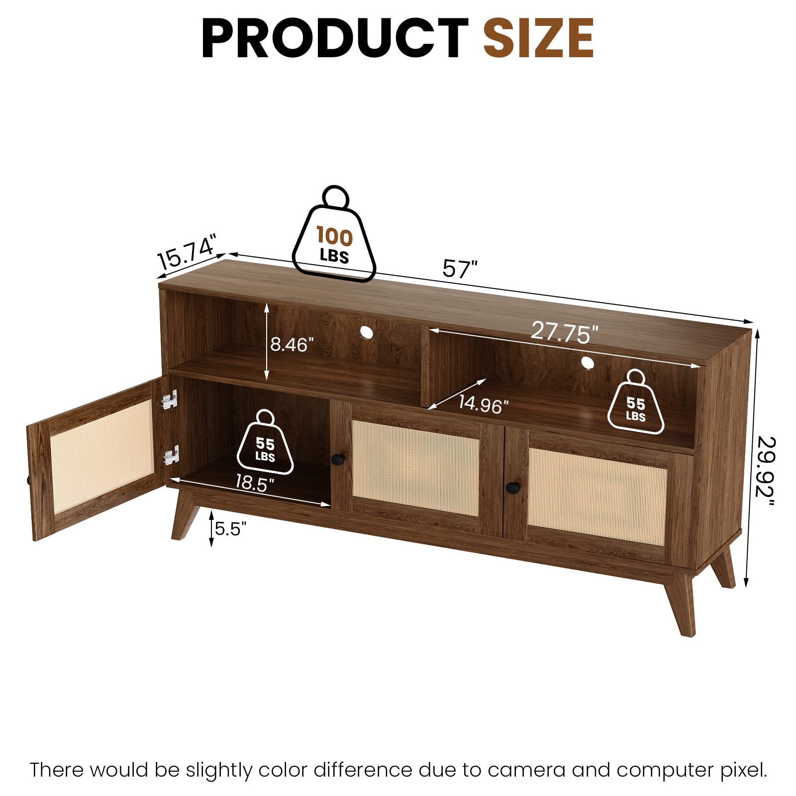 AWQM TV Stand for Living Room, Mid Century Modern TV Console, Rattan Entertainment Center with Storage and Open Shelves, Walnut