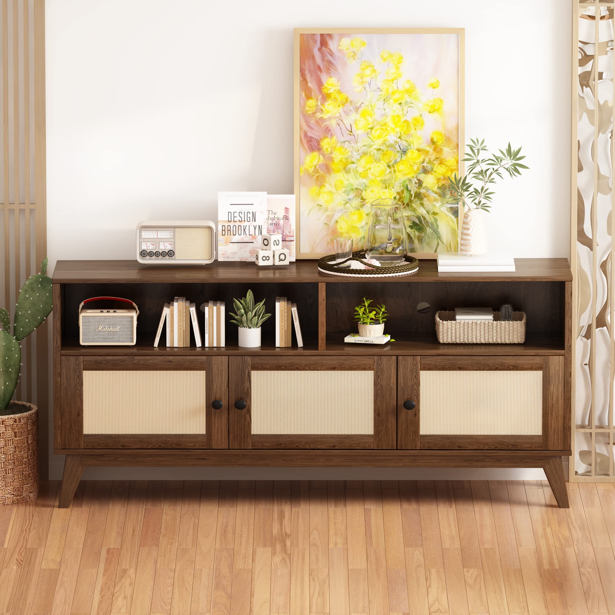 AWQM TV Stand for Living Room, Mid Century Modern TV Console, Rattan Entertainment Center with Storage and Open Shelves, Walnut