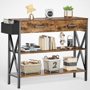 Gizoon 39" Console Table with 2 drawers, Industrial Entryway Table with 3 Tier Storage Shelves, Narrow Sofa Table for Entry Way, Hallway, Couch, Living Room, Kitchen, Rustic Brown