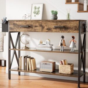 gizoon 39" console table with 2 drawers, industrial entryway table with 3 tier storage shelves, narrow sofa table for entry way, hallway, couch, living room, kitchen, rustic brown