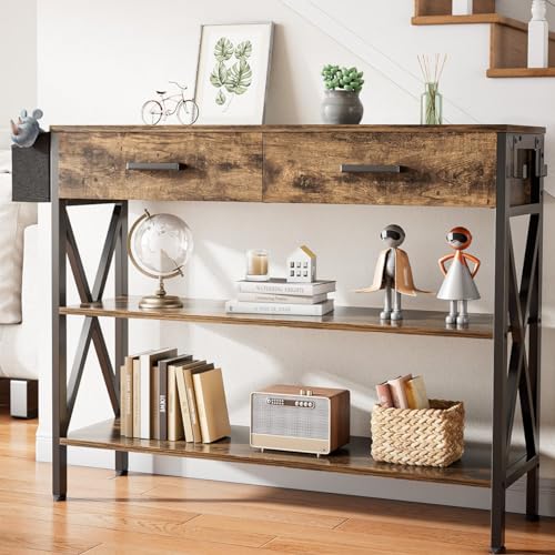 Gizoon 39" Console Table with 2 drawers, Industrial Entryway Table with 3 Tier Storage Shelves, Narrow Sofa Table for Entry Way, Hallway, Couch, Living Room, Kitchen, Rustic Brown