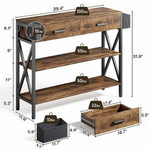 Gizoon 39" Console Table with 2 drawers, Industrial Entryway Table with 3 Tier Storage Shelves, Narrow Sofa Table for Entry Way, Hallway, Couch, Living Room, Kitchen, Rustic Brown