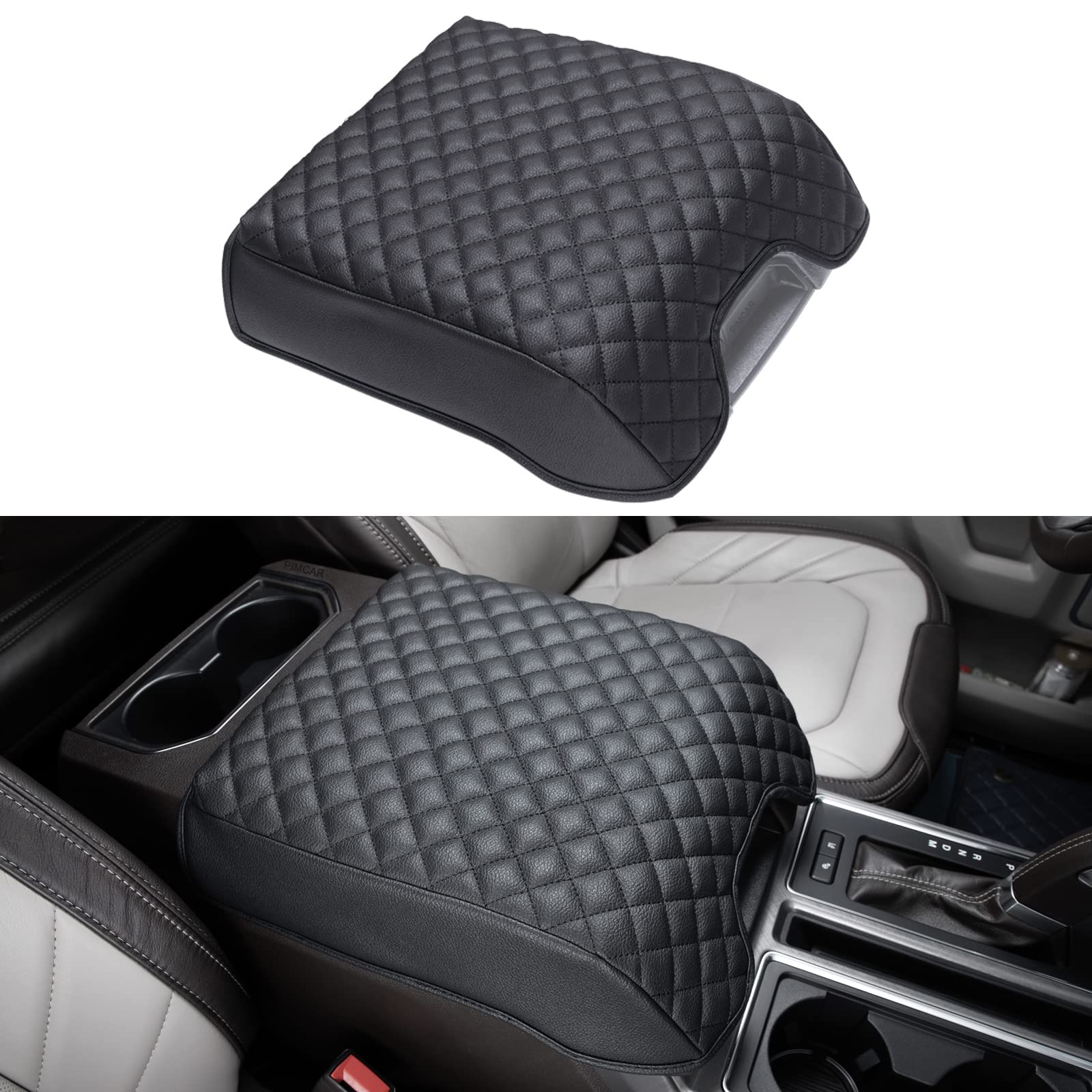 PIMCAR Center Console Cover Compatible with Ford 2015-2020 F150, 2017-2022 F250 F350 F450, 2018-2024 Expedition Interior Accessories Custom PU Leather Armrest Cushion Protector (Bucket Seat Only)