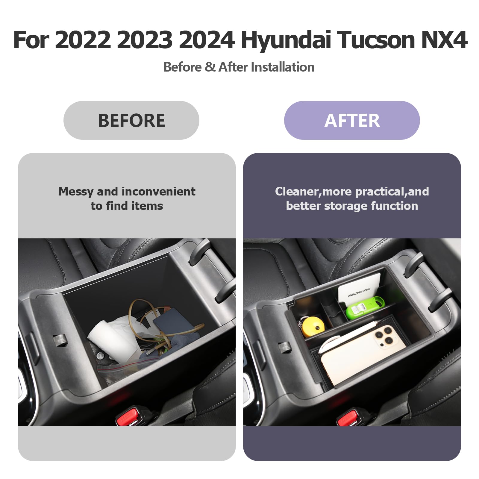 ZCLINKO 2022-2024 Hynudai Tucson Center Console Organizer, Black (Portable, Increases Available Space, Easy Installation Material)