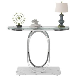 O&K FURNITURE Glass Console Tables for Entryway,Silver Entryway Table with Oval Frames and Marble Base,Chrome Entrance Table Glass Sofa Table for Living Room,Hallway,Silver Glass&White Faux Marble