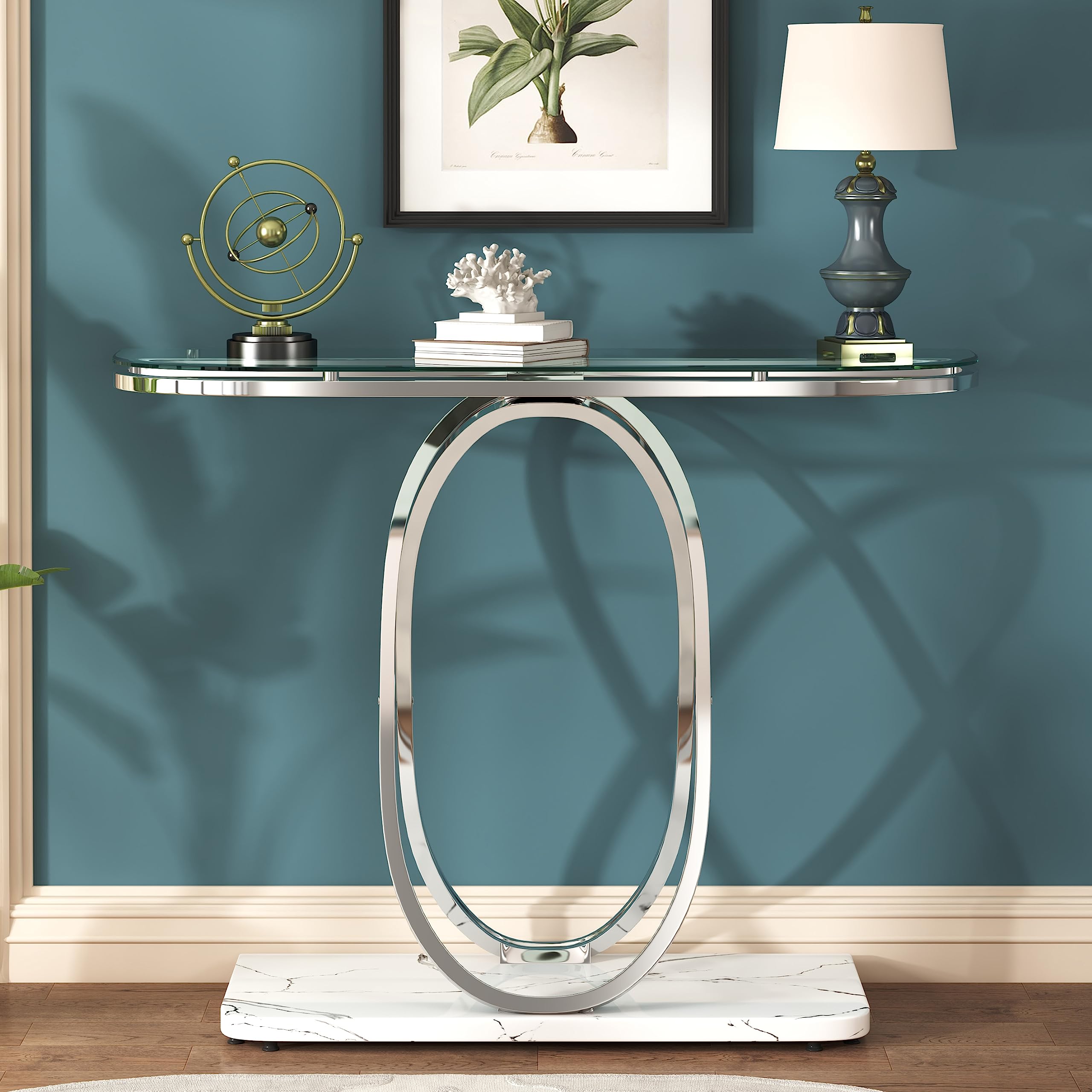 O&K FURNITURE Glass Console Tables for Entryway,Silver Entryway Table with Oval Frames and Marble Base,Chrome Entrance Table Glass Sofa Table for Living Room,Hallway,Silver Glass&White Faux Marble