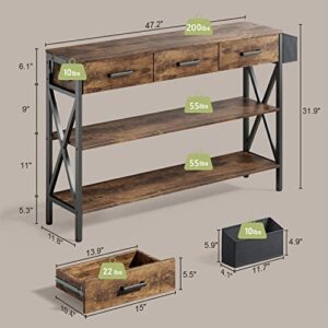 Gizoon 47" Console Table with 3 drawers, Industrial Entryway Table with 3 Tier Storage Shelves, Narrow Long Sofa Table for Entry Way, Hallway, Couch, Living Room, Kitchen, Rustic Brown