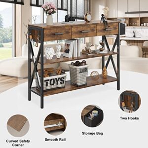 Gizoon 47" Console Table with 3 drawers, Industrial Entryway Table with 3 Tier Storage Shelves, Narrow Long Sofa Table for Entry Way, Hallway, Couch, Living Room, Kitchen, Rustic Brown