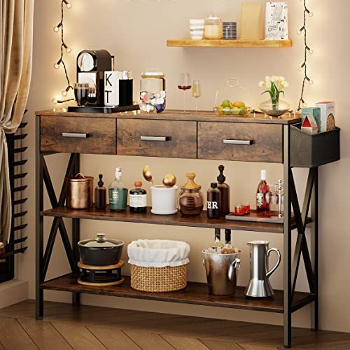 Gizoon 47" Console Table with 3 drawers, Industrial Entryway Table with 3 Tier Storage Shelves, Narrow Long Sofa Table for Entry Way, Hallway, Couch, Living Room, Kitchen, Rustic Brown