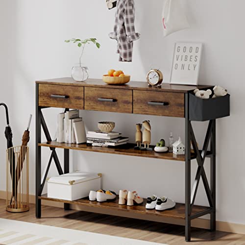 Gizoon 47" Console Table with 3 drawers, Industrial Entryway Table with 3 Tier Storage Shelves, Narrow Long Sofa Table for Entry Way, Hallway, Couch, Living Room, Kitchen, Rustic Brown