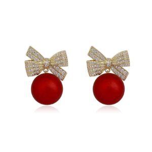 red pearl bow earrings pearl drop earrings for women rhinestone bow earrings for teen girls trendy stuff wedding prom party daily jewelry mothers day gifts