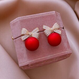 Red Pearl Bow Earrings Pearl Drop Earrings for Women Rhinestone Bow Earrings for Teen Girls Trendy Stuff Wedding Prom Party Daily Jewelry Mothers Day Gifts