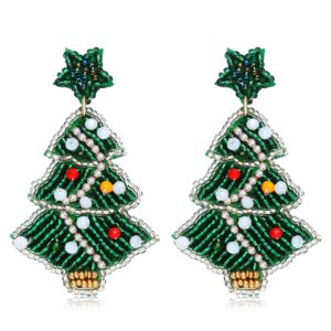 Christmas Beaded Earrings Hypoallergenic Christmas Tree Snowflake Dangling Earrings Cute Xmas Santa Hat Bell Car Bead Drop Dangle Earrings Handmade Christmas Holiday Jewelry Gift for Women