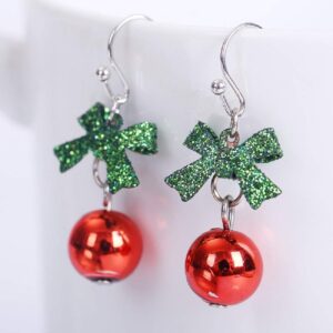 Ribbon Bowknot Cute Festive Red Green Ball Ornament Dangle Drop Earrings for Women Teen Girls Fish Hook Dangling Hypoallergenic Christmas Festival Party Jewelry Gifts for Bff Daughter Thanksgiving