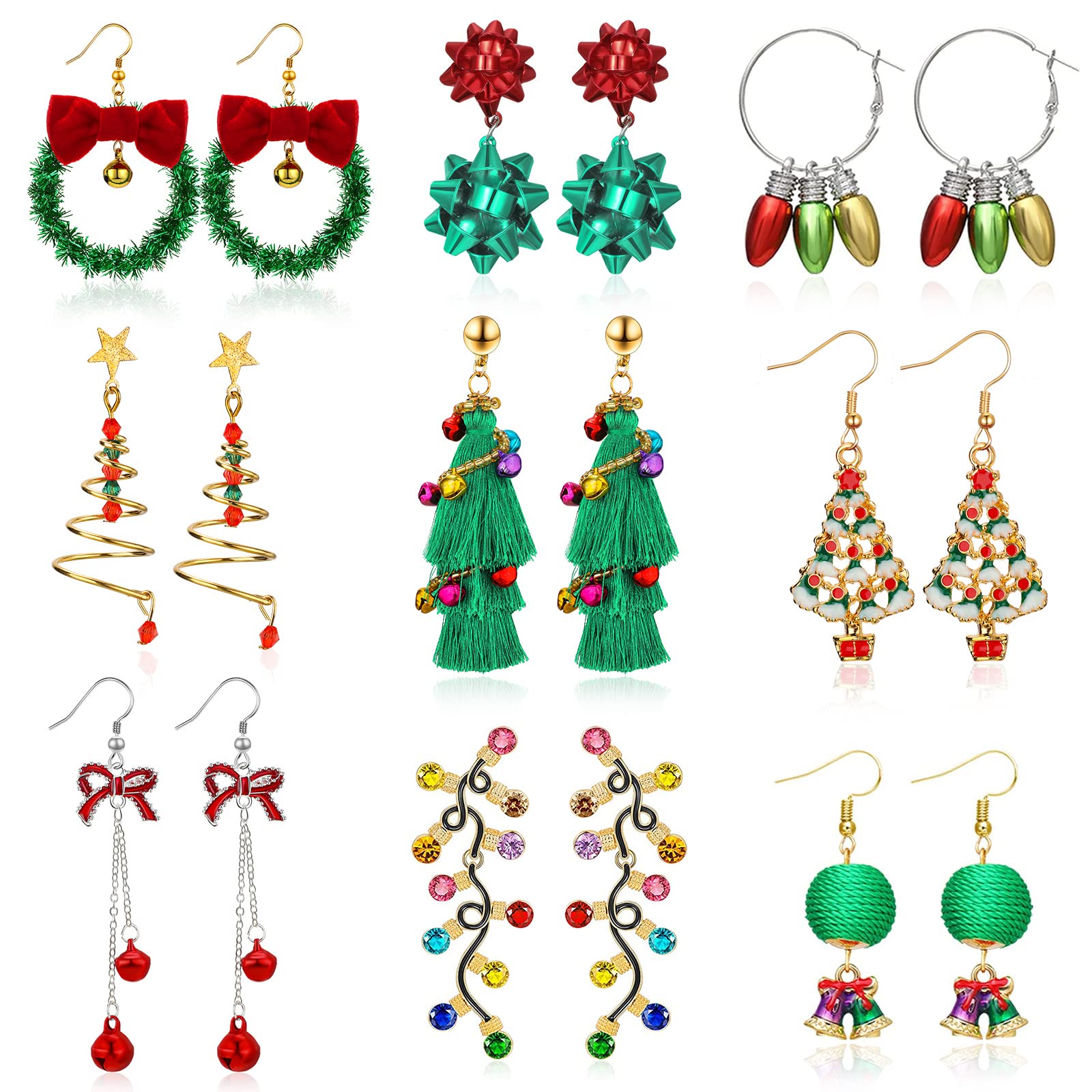 9 Pairs Christmas Earrings Holiday Earrings Christmas Tree Ball Snowflake Candy Bow Dangle Earrings Set for for Women(Tree Style)