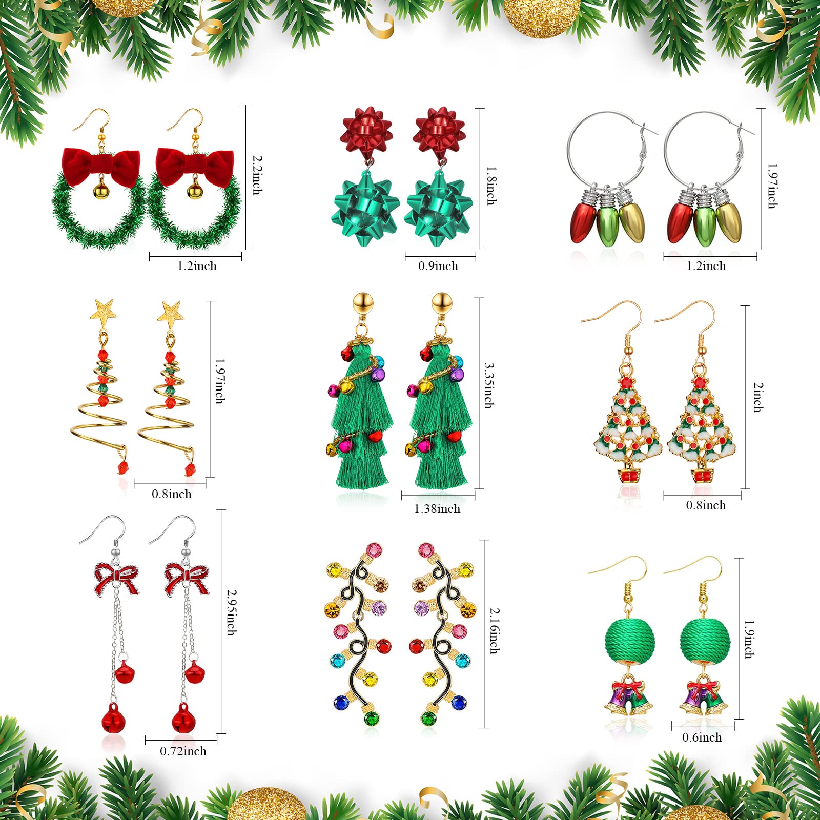 9 Pairs Christmas Earrings Holiday Earrings Christmas Tree Ball Snowflake Candy Bow Dangle Earrings Set for for Women(Tree Style)