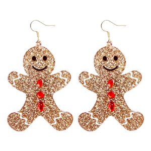 Christmas Gingerbread Man Charm Dangle Drop Earrings Glitter Gold Acrylic Resin Fashion Statement Jewelry Holiday Gift Set Women Xmas Party Favors Decor Accessories