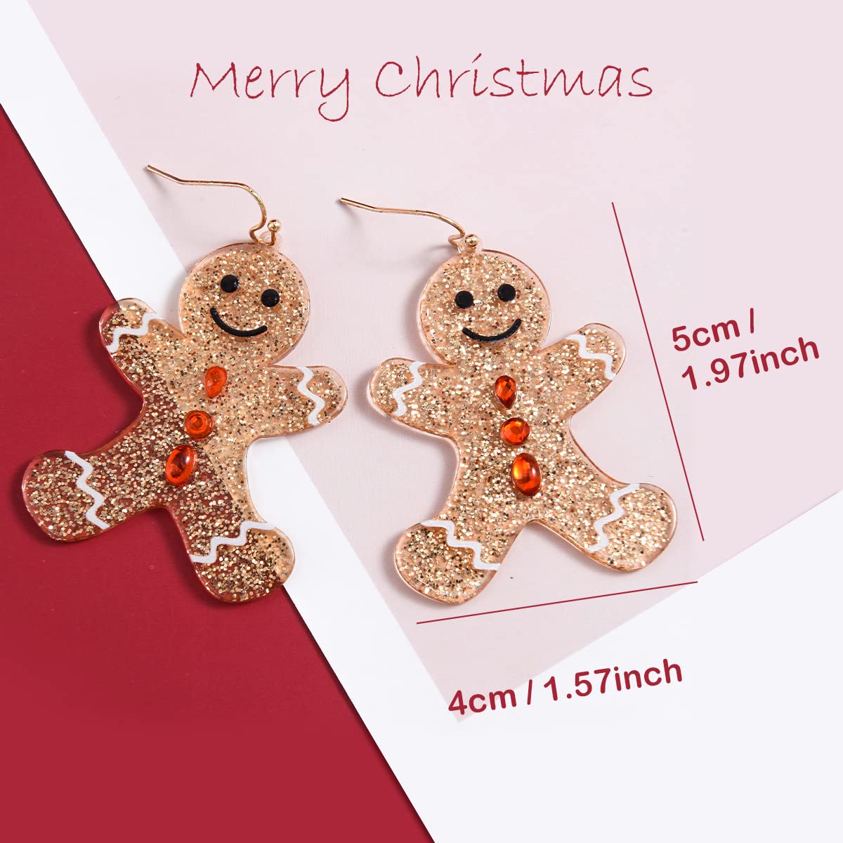 Christmas Gingerbread Man Charm Dangle Drop Earrings Glitter Gold Acrylic Resin Fashion Statement Jewelry Holiday Gift Set Women Xmas Party Favors Decor Accessories