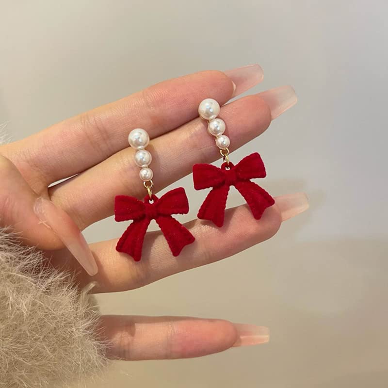 Christmas Bow Earrings for Women Pearl Drop Earrings for Bride Dainty Velvet Earring Red Earrings for Women Dangle Bridal Earrings for Wedding Christmas Birthday Gift