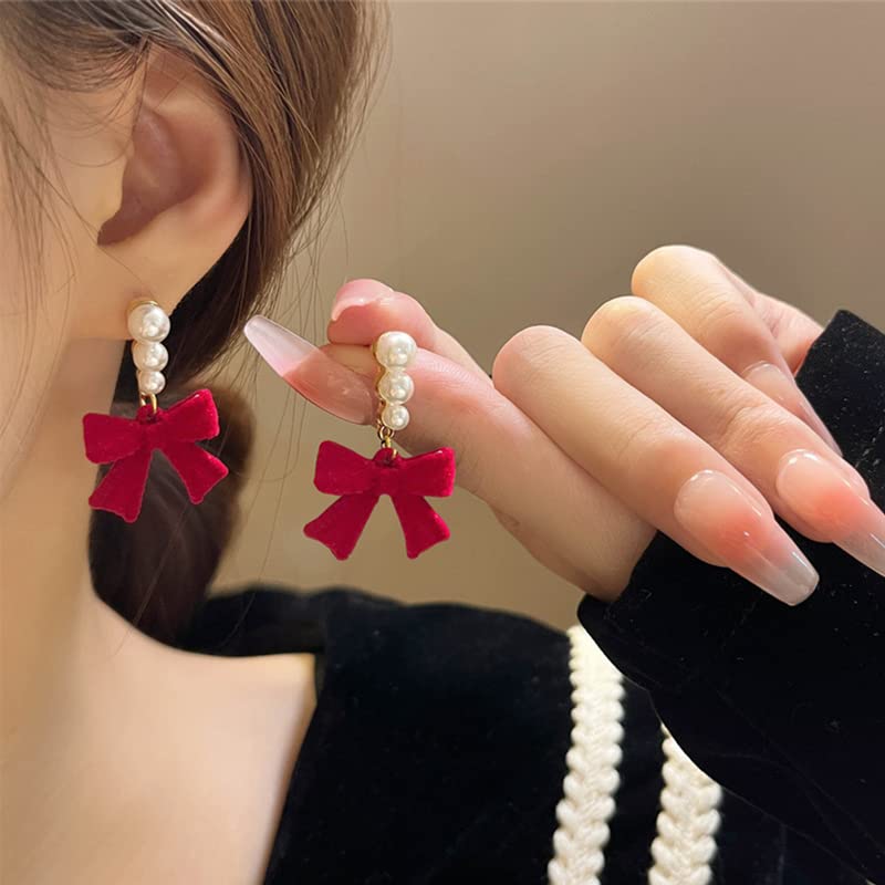 Christmas Bow Earrings for Women Pearl Drop Earrings for Bride Dainty Velvet Earring Red Earrings for Women Dangle Bridal Earrings for Wedding Christmas Birthday Gift