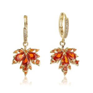 sonateomber orange maple leaf dangle drop small gold hoop huggie earrings for women, cute sparkly crystal cubic zirconia rhinestone fall autumn holiday accessories jewelry gift