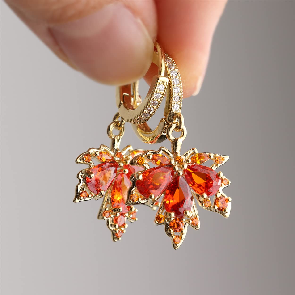 Sonateomber Orange Maple Leaf Dangle Drop Small Gold Hoop Huggie Earrings for Women, Cute Sparkly Crystal Cubic Zirconia Rhinestone Fall Autumn Holiday Accessories Jewelry Gift