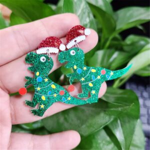 ONLYJUMP Acrylic Christmas Earrings for Women Cut Acrylic Animals Earrings Christmas Tree Green Caterpillar Sheep Dinosaur Earrings Funny Jewelry (Red Hat Dinosaur A)