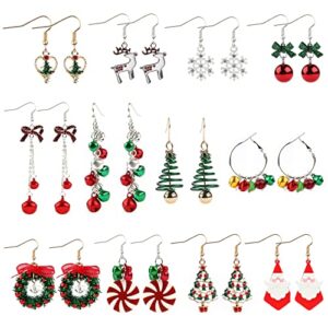 12 Pairs Christmas Dangle Earrings, Kalolary Christmas Tree Santa Claus Bow Jingle Reindeer Snowflake Plated Alloy Xmas Earrings Christmas Themed Pierced Hook Drop Earrings for Women