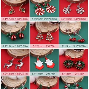 12 Pairs Christmas Dangle Earrings, Kalolary Christmas Tree Santa Claus Bow Jingle Reindeer Snowflake Plated Alloy Xmas Earrings Christmas Themed Pierced Hook Drop Earrings for Women