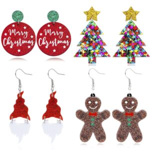 christmas earrings for women holiday earrings christmas stud earrings dangle acrylic christmas tree earrings christmas gnomes gingerbread man earrings christmas jewelry bulk 4 pairs…