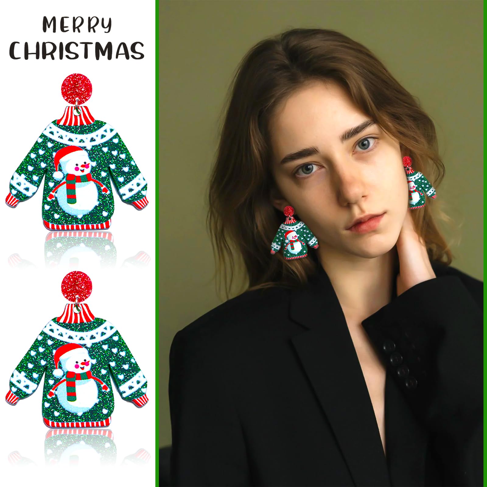 SKYFUN Christmas Earrings for Women Acrylic Lightweight Dangle Earrings Merry Christmas Santa Claus Snowman Ugly Sweater Elk Xmas Holiday Jewelry Gifts Accessories Green Sweater