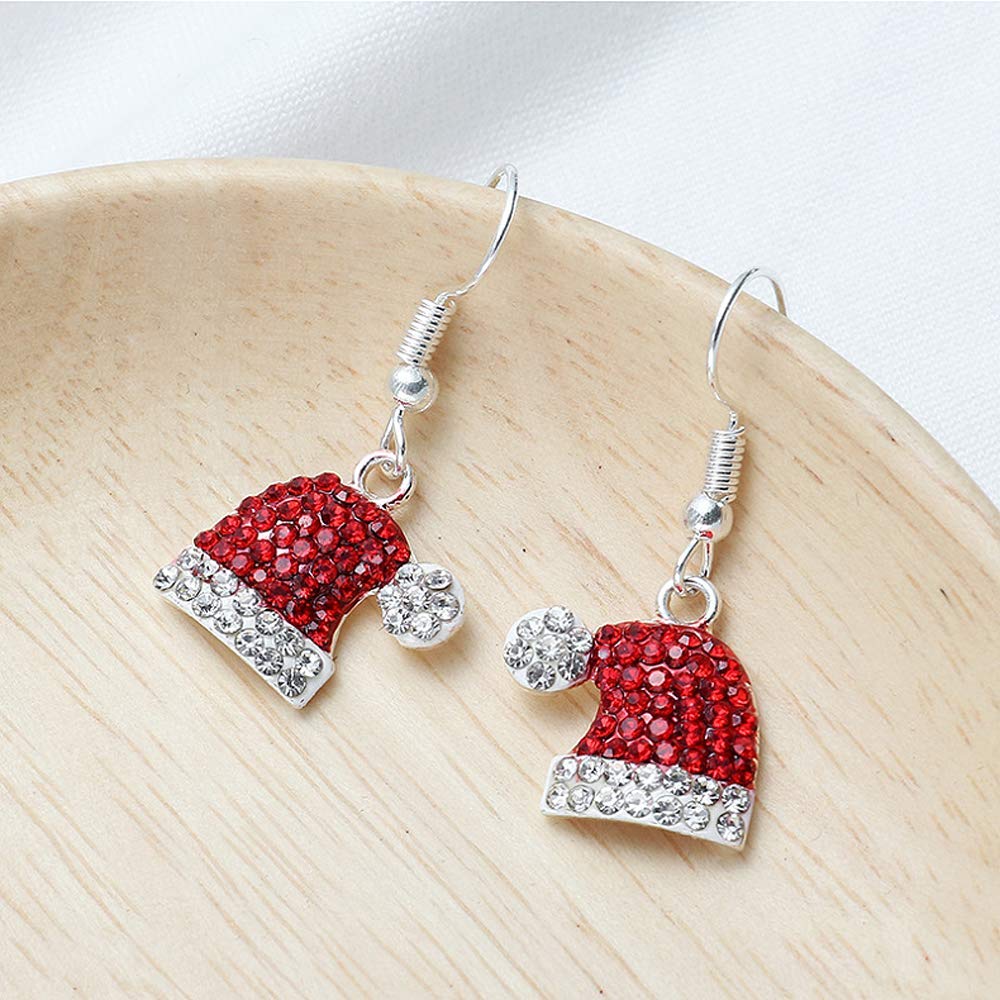 Christmas Dangle Stud Earrings Holiday Party Drop Earrings Enamel Crystal Santa Claus Bell Hat Earring Cute Christmas Costume Jewelry Women (Christmas hat earring)