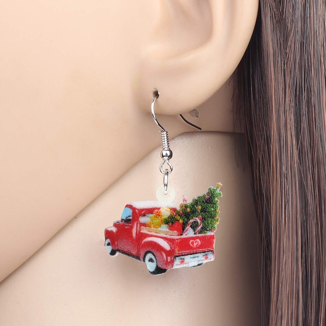 DUOWEI Acrylic Christmas Truck Tree Garland Earrings Drop Dangle Jewelry For Women Festival Gifts (Red)