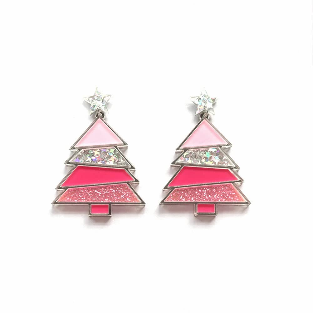 Pingyongchang Christmas Tree Acrylic Glitter Earrings for Women Lightweight Stars Drop Dangle Earrings Statement Holiday Jewelry Xmas Gifts-Pink