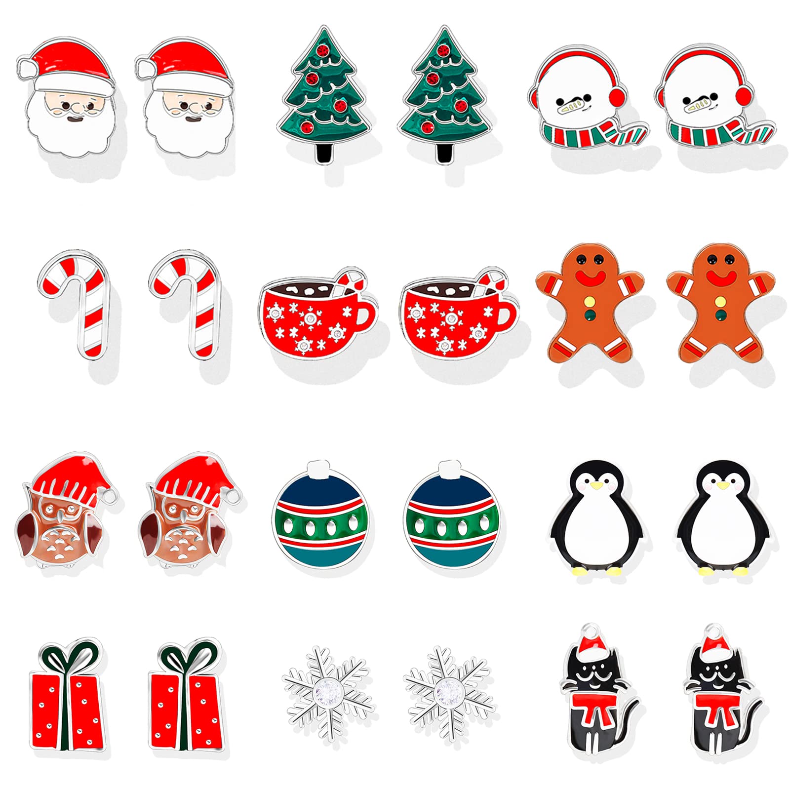 9-21 Pairs Christmas Stud Earrings Set Christmas Earrings for Women Christmas Tree Snowflake Candy Snowman Penguin Stud Earrings for Teen Girls Christmas Gifts