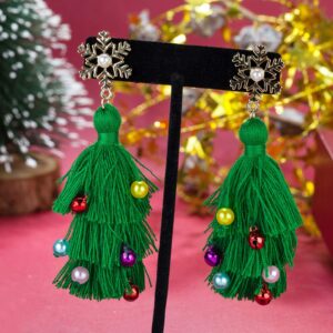 Lightweight Christmas Tree Tassel Beaded Earrings, Bohemian Dangle Drop Green Earrings, Twined with Colored Beads Earring for Women