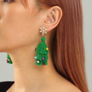 Lightweight Christmas Tree Tassel Beaded Earrings, Bohemian Dangle Drop Green Earrings, Twined with Colored Beads Earring for Women