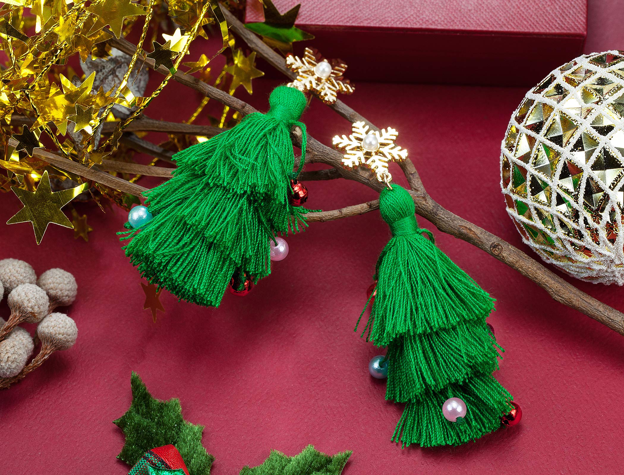 Lightweight Christmas Tree Tassel Beaded Earrings, Bohemian Dangle Drop Green Earrings, Twined with Colored Beads Earring for Women