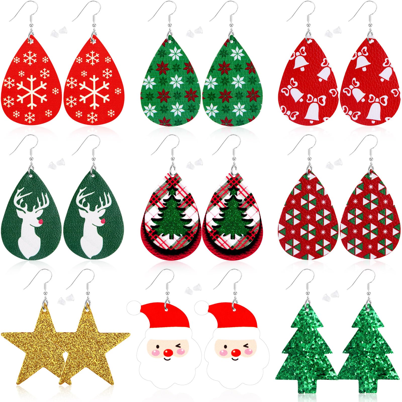 AUGSUN Christmas Earrings for Women, 9 Pairs Christmas Faux Leather Earrings Lightweight Leaf Long Dangle Earrings Teardrop Earrings for Christmas