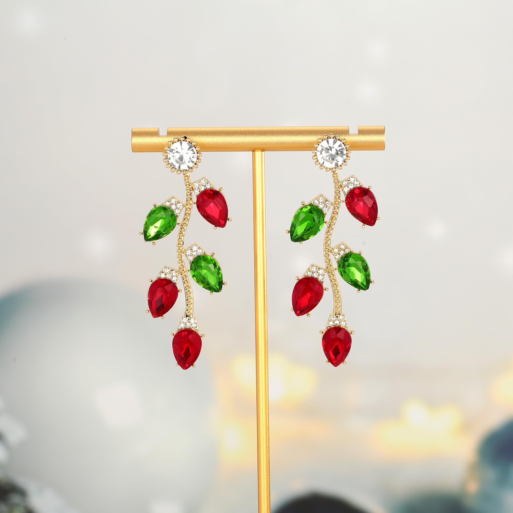 WOWORAMA Christmas Light Earrings for Women Red Green Crystal Bulb Earrings Statement Christmas Holiday Earrings Jewelry - Red Green Lights Xmas Earrings