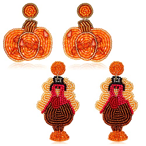 Thanksgiving Fall Earrings for Women Beaded Maple Leaf Pumpkin Turkey Earrings Handmade Gobble Drop Dangle Earrings Autumn Fall Gifts Holiday Party Accessory (Style C)