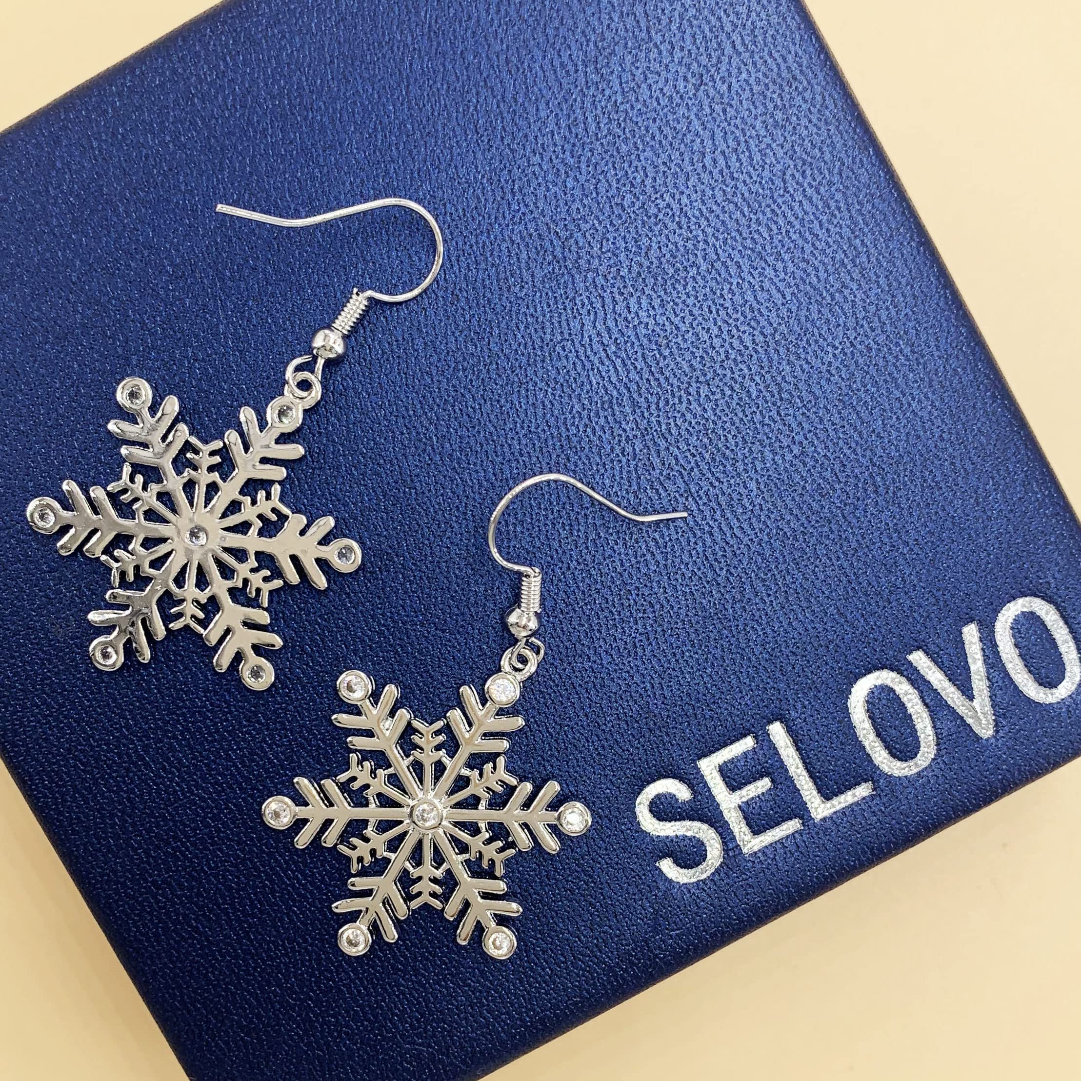 SELOVO Clear Cubic Zirconia Fishhoop Snowflake Earring Hook Dangle Drop Earrings for Woman for Christmas