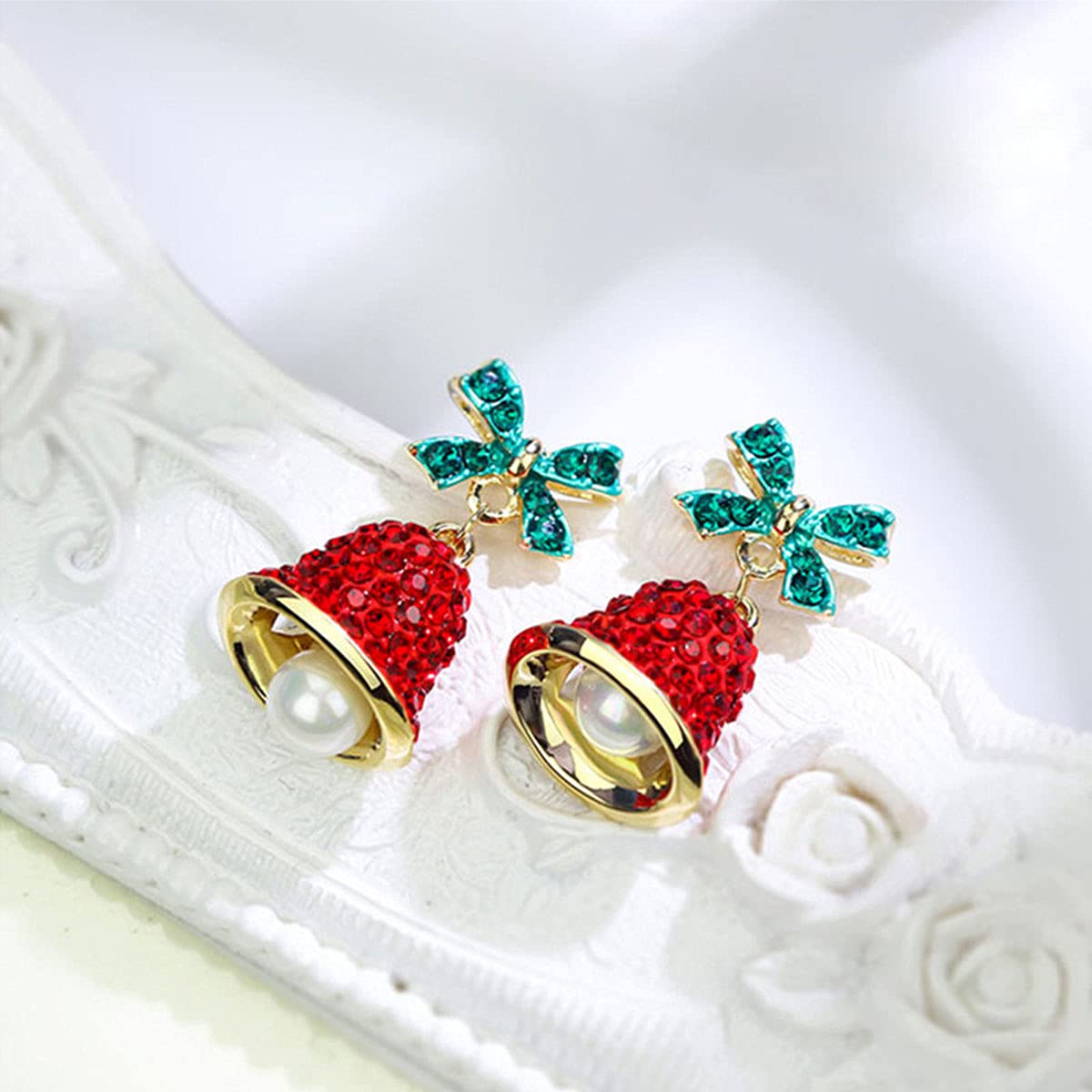 Red Crystal Bell Christmas Hat Earrings Santa Claus Christmas Tree Dangle Earrings Asymmetric Elk Santa Hat Butterfly Bell Christmas Earrings Rhinestone Christmas Stud Earrings for Women Teen Girls,