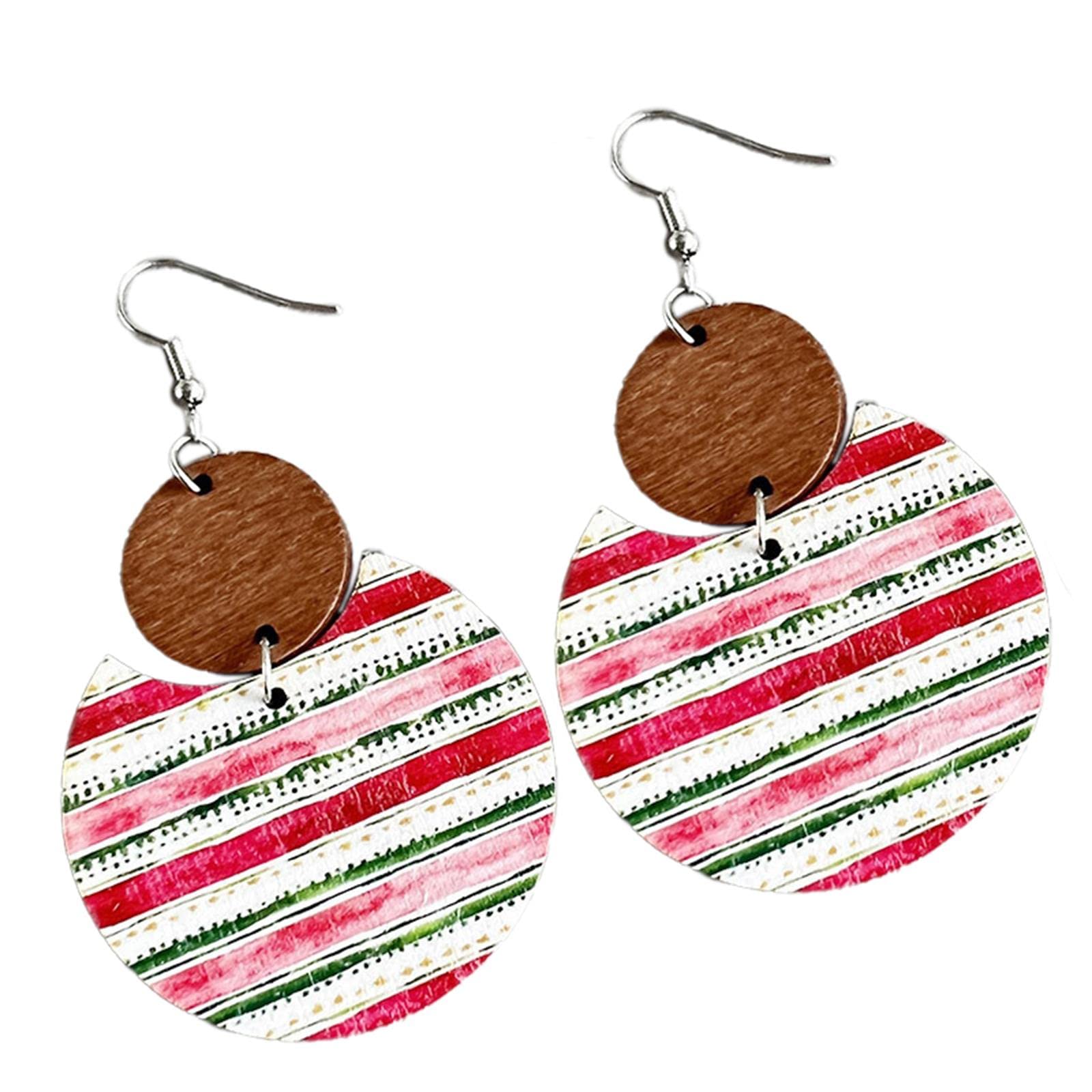 Colorful Christmas Plaid Round Wooden Dangle Earrings Dainty Christmas Plaid Snowflake Deer Tree Flower Print Earrings for Women Jewelry(E)