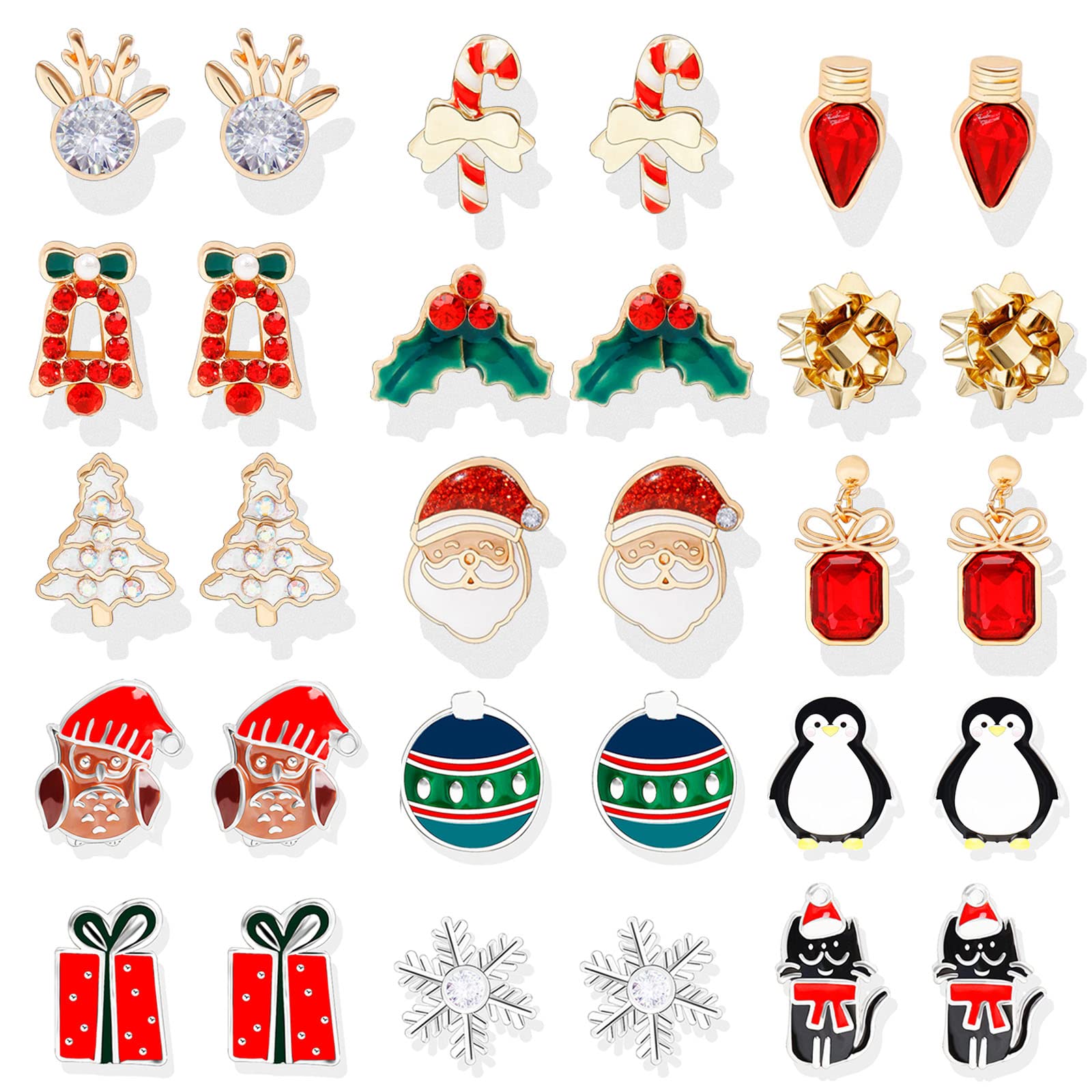 Long tiantian 15 Pairs Christmas Stud Earrings Christmas Earrings for Women Christmas Candy Tree Bow Santa Claus Stud Earrings Xams Earrings Christmas Jewelry Gift