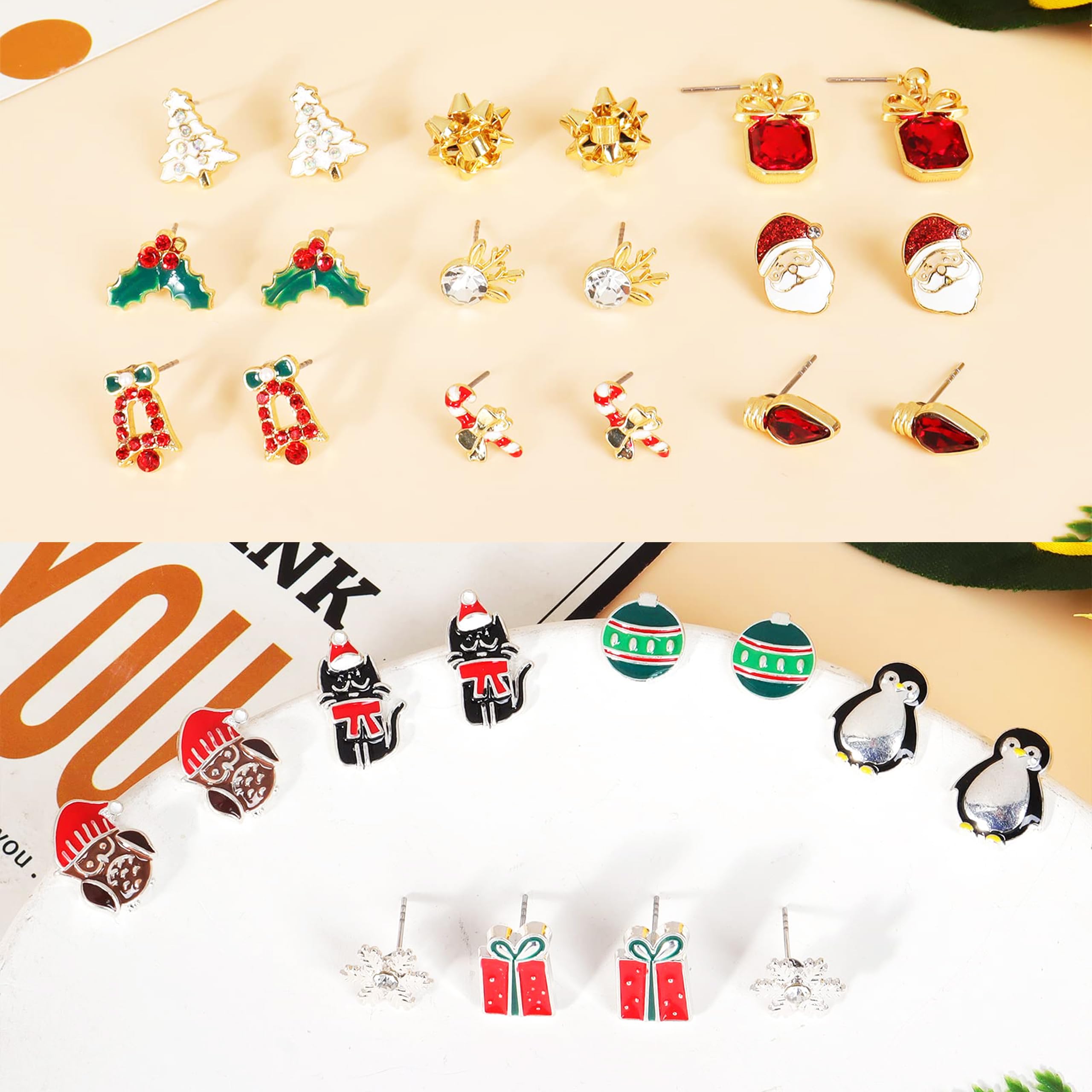 Long tiantian 15 Pairs Christmas Stud Earrings Christmas Earrings for Women Christmas Candy Tree Bow Santa Claus Stud Earrings Xams Earrings Christmas Jewelry Gift